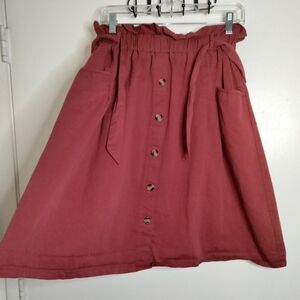 Women's (Size L) Rust Paperbag Waist Slip Pockets Faux Button-Front Belted Skirt